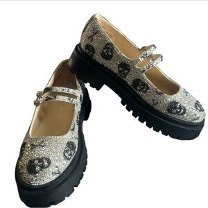 Betsey Johnson Rhinestone Sequin Skull Design Platform Mary Janes